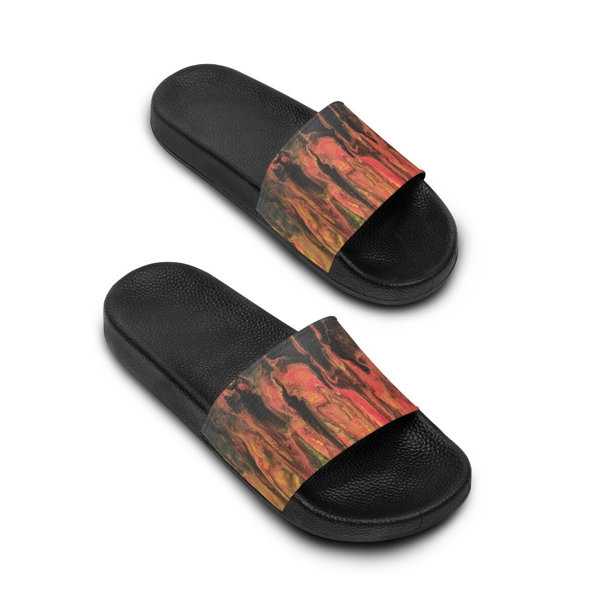 Flame Pattern Slides – Red & Orange Abstract Swirl – Artistic Slip-On Sandals for Men or Women