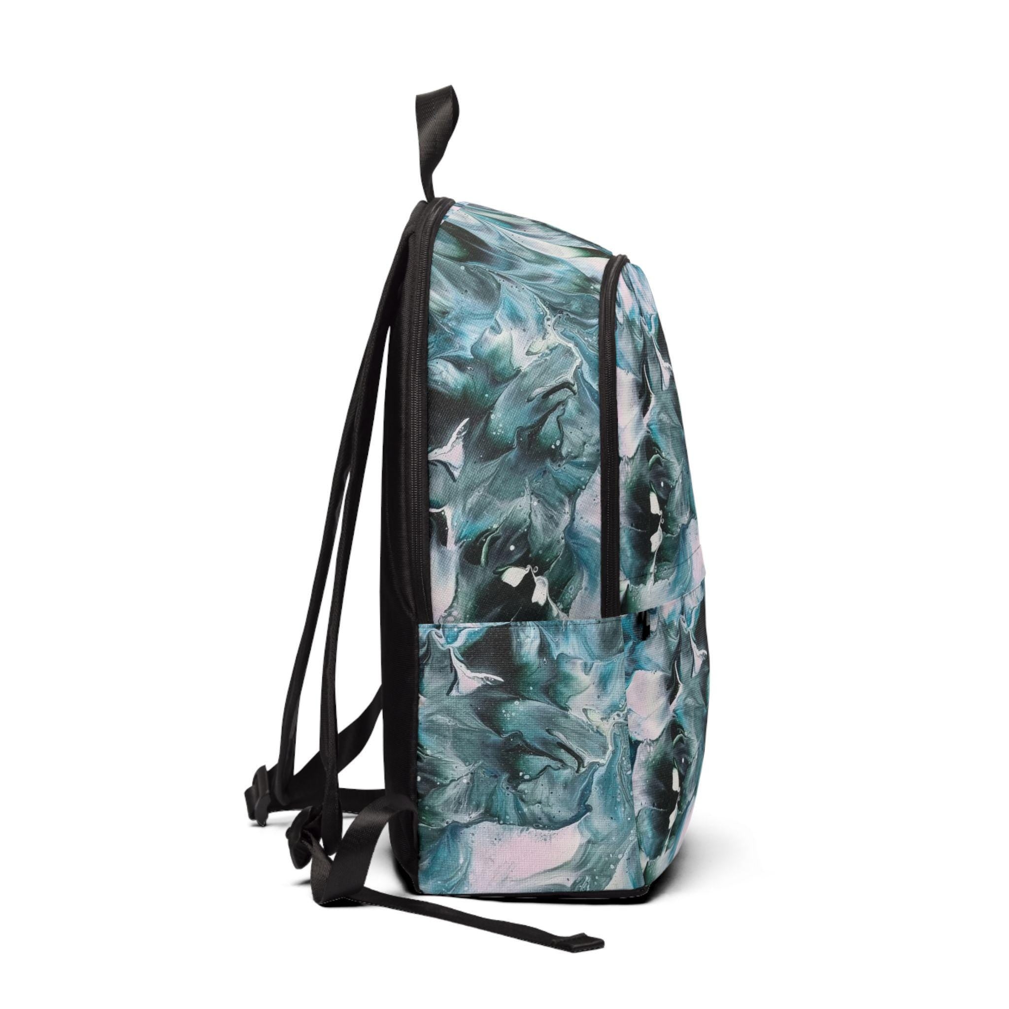 Marbled Print Backpack – Teal & Black Abstract Pattern – Stylish School or Travel Bag